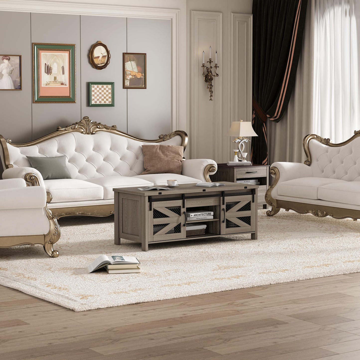 47.2" Lift Top Coffee Table, 4 in 1 Farmhouse Coffee Table with Storage and Sliding Barn Doors, Coffee Tables for Living Room, Dining Room (Grey)