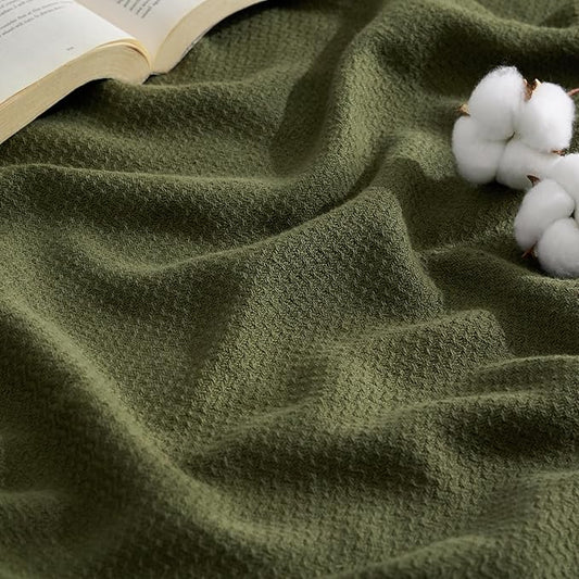 Bedsure 100% Cotton Blanket Twin XL Size for Bed - Breathable and Lightweight, Soft Cozy Textured Herringbone Woven Blanket for Summer Spring, Olive Green, 66x90 inches