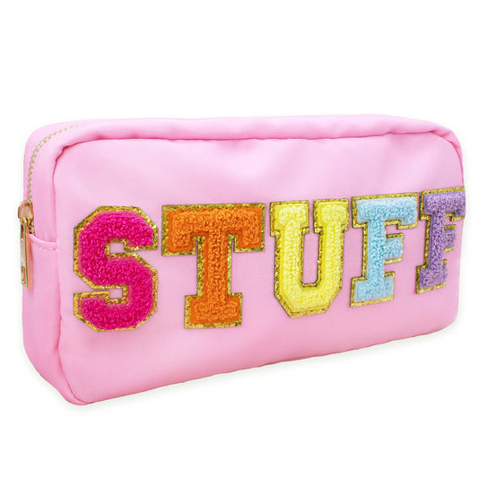 Fablinks Preppy Stuff Bag, Chenille Varsity Letter Makeup Pouch, Pink Nylon Skin Care Zipper Patch Bags Organizer for Women, Travel Make Up Skincare Cosmetic Stocking Stuffers