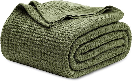 Bedsure 100% Cotton Blanket King Size for Bed - Breathable and Soft, Waffle Weave Blanket for Summer Spring, Olive Green, 104x90 inches