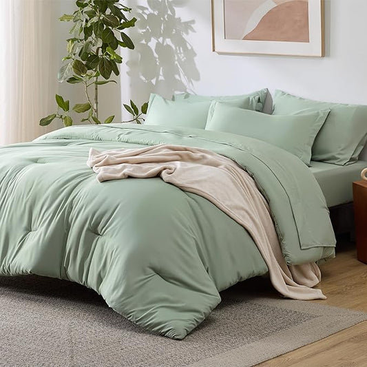 Bedsure Twin Comforter Set Sage Green, 6 Pieces Prewashed Twin Size Bed in a Bag with Soft Fleece Bed Blanket, Down Alternative Bedding Set for All Seasons, Sheets, Pillowcase & Sham