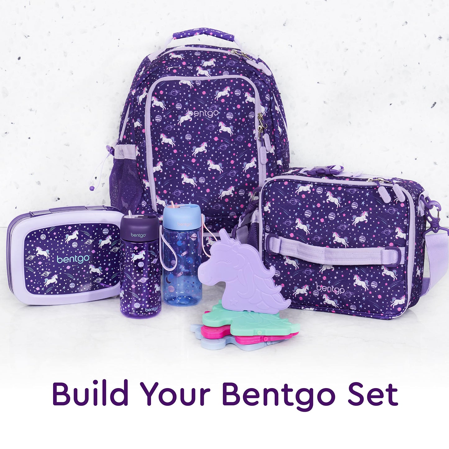 Bentgo Kids Water Bottle 2-Pack - Leak-Proof, Durable Tritan™, BPA-Free 15 oz Cup for Kids/Toddlers 3+; Flip-Up Straw; Dishwasher Safe for School/Sports/Daycare/Camp (Unicorn/Lavender Galaxy)