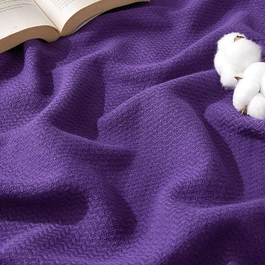 Bedsure 100% Cotton Blanket Queen Size for Bed - Breathable and Lightweight, Soft Cozy Textured Herringbone Woven Blanket for Summer Spring, Purple, 90x90 inches