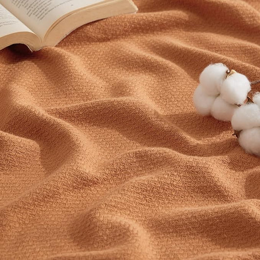 Bedsure 100% Cotton Blanket Twin XL Size for Bed - Breathable and Lightweight, Soft Cozy Textured Herringbone Woven Blanket for Summer Spring, Burnt Orange, 66x90 inches