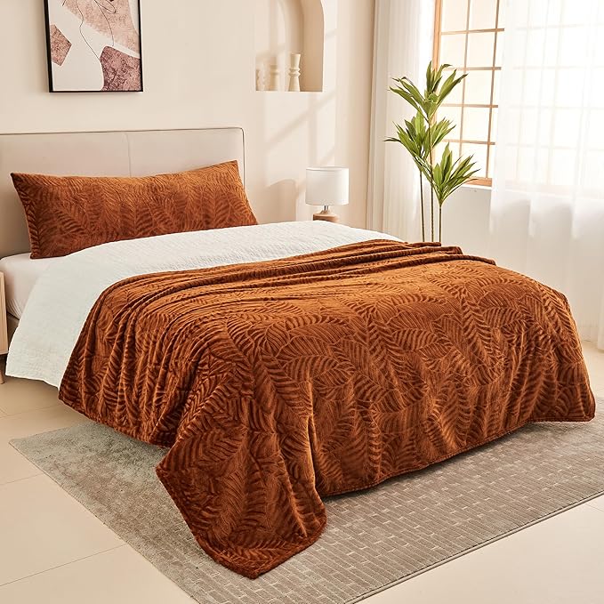 SOCHOW Super Soft Flannel Fleece Bed Blanket, Lightweight Cozy Warm Leaves Textured Plush Blanket as Bedspread Coverlet Bed Cover for All Seasons, 90 x 90 Inches, Caramel
