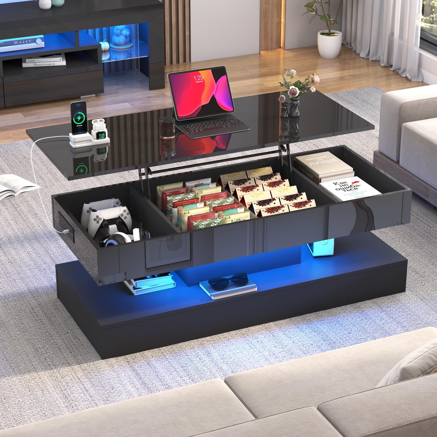 47.2" Large Lift Top Coffee Table,Modern High Glossy LED Coffee Tables for Living Room with Storage,Black Living Room Tables for Living Rooms,Dining Room,Bedroom Home Office,APP LED Lights（Black）
