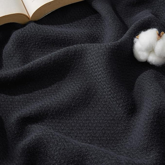 Bedsure 100% Cotton Blanket Queen Size for Bed - Breathable and Lightweight, Soft Cozy Textured Herringbone Woven Blanket for Summer Spring, Black, 90x90 inches