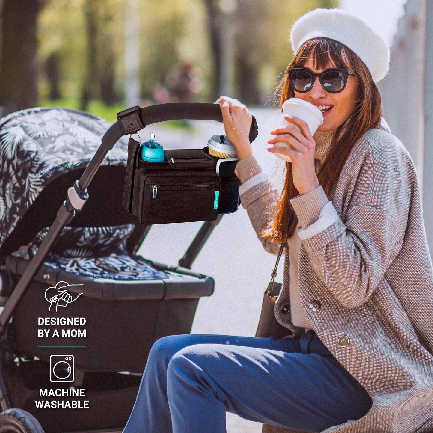 Swanoo Stroller Caddy Stroller Organizer With Cup Holder, Non Slip Straps Stroller Bag for Phone, Pet Stroller Accessories, Universal Fits Uppababby Vista v2 Wonderfold Wagon, Doona and More