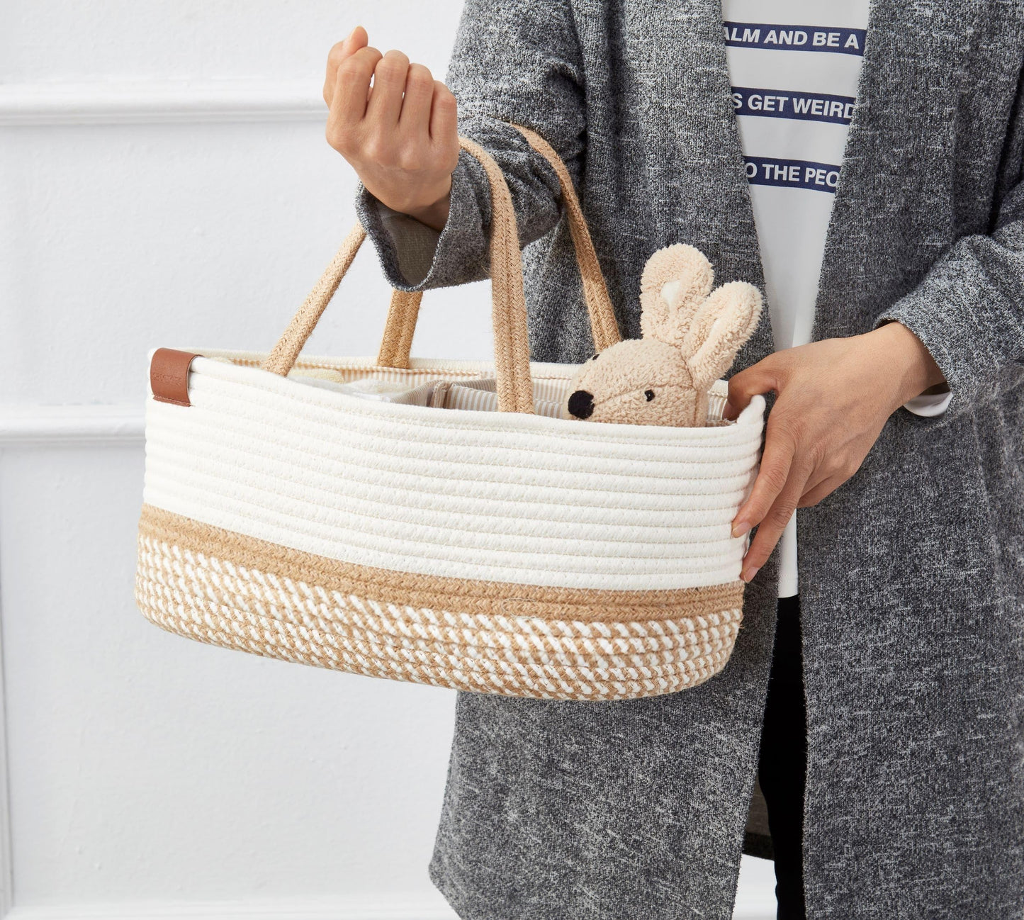 DECOMOMO Baby Caddy Organizer, Diaper Caddy Basket, Baskets for Baby Shower Gifts (Spiral Beige & White, Extra Large)