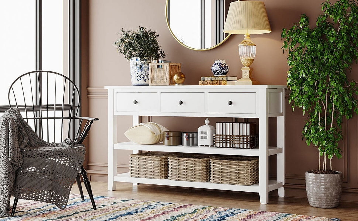 FARONZE Retro Design Console Table with Two Open Shelves, Antique White, Pine Solid Wood Frame
