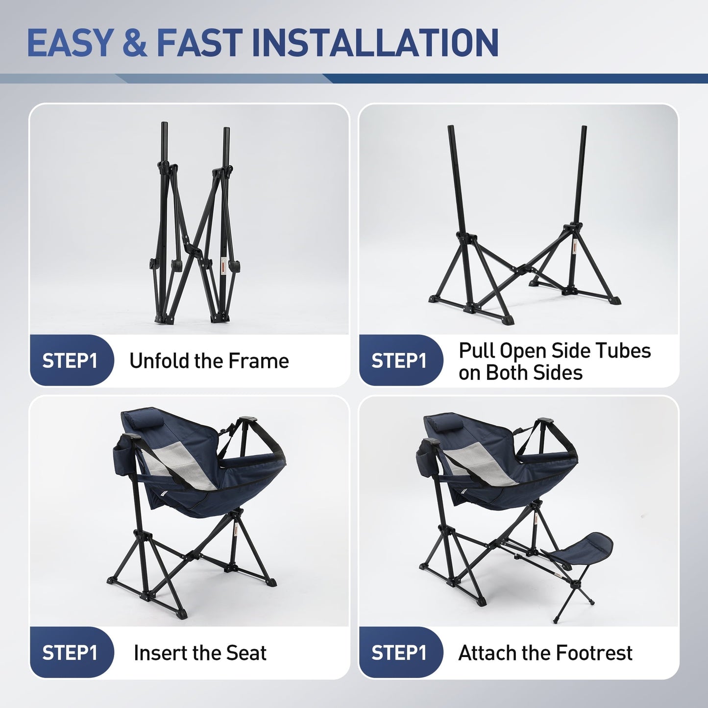 Heavy Duty 350lbs Portable Folding Camping Chair w/Adjustable Backrest & Retractable Footrest - Compact Outdoor Lawn Chair with Headrest, Cup Holder for Camping, Fishing, Hiking, Backyard