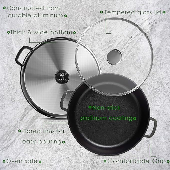 Moss & Stone Die Cast Aluminum Oval Roaster Pot 12-Inch, Induction Compatible, Hard Anodized Nonstick Pasta Pot with Glass Lid, Roaster Oven Safe 6 Quart Bundle With 12 Inch Aluminum Pan Non-Stick Coo