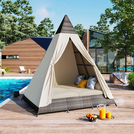 Bellemave Outdoor Sunbed With Pillows, Tent Shape Wicker Patio Daybed, 90.5" Length Lounge Bed for Patio Lawn Garden Backyard Porch Pool (Brown and Beige)
