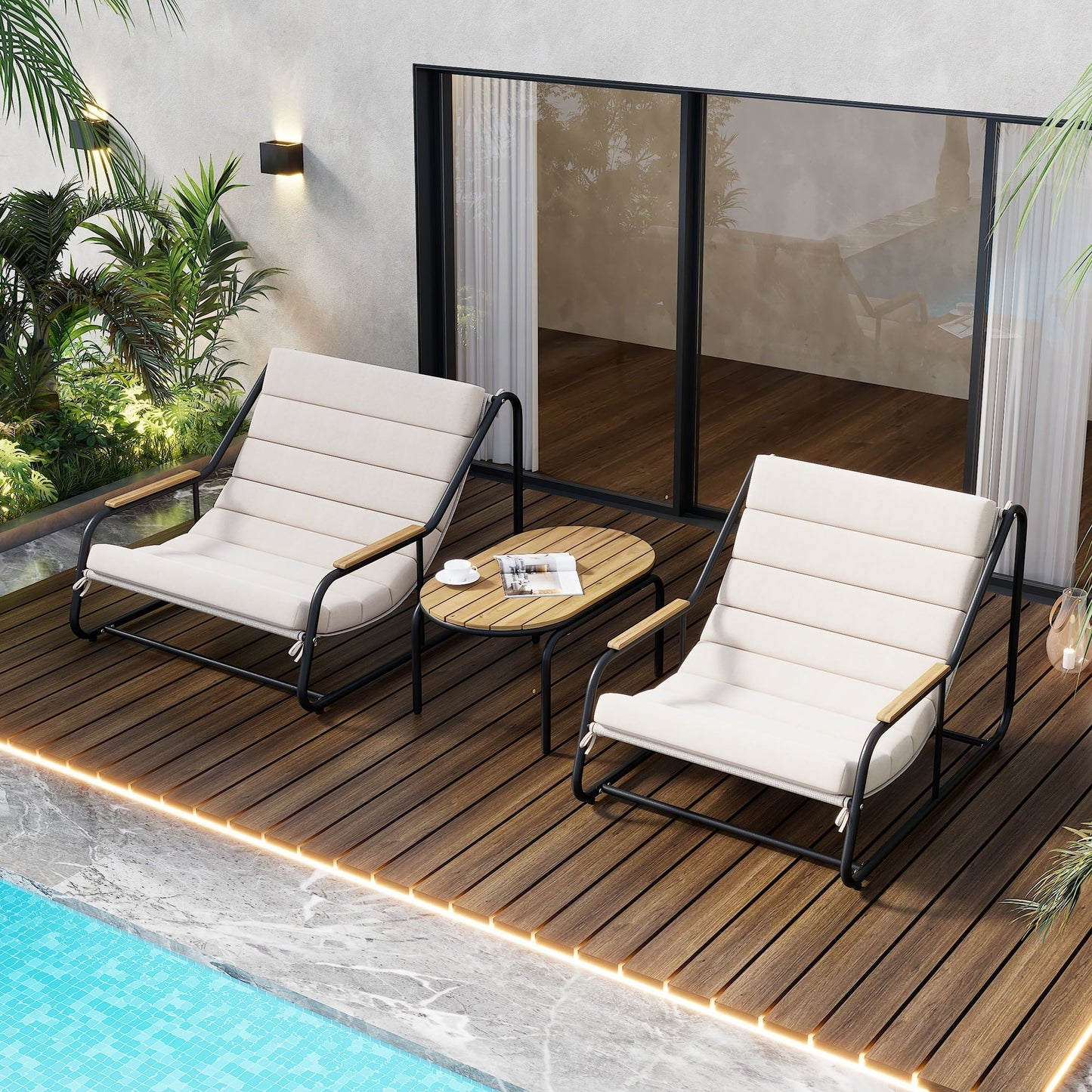 Euroco Outdoor Chaise Lounge Chairs Set with Acacia Wood Table,Pool Lounge Chairs for Lawn,Beige+White