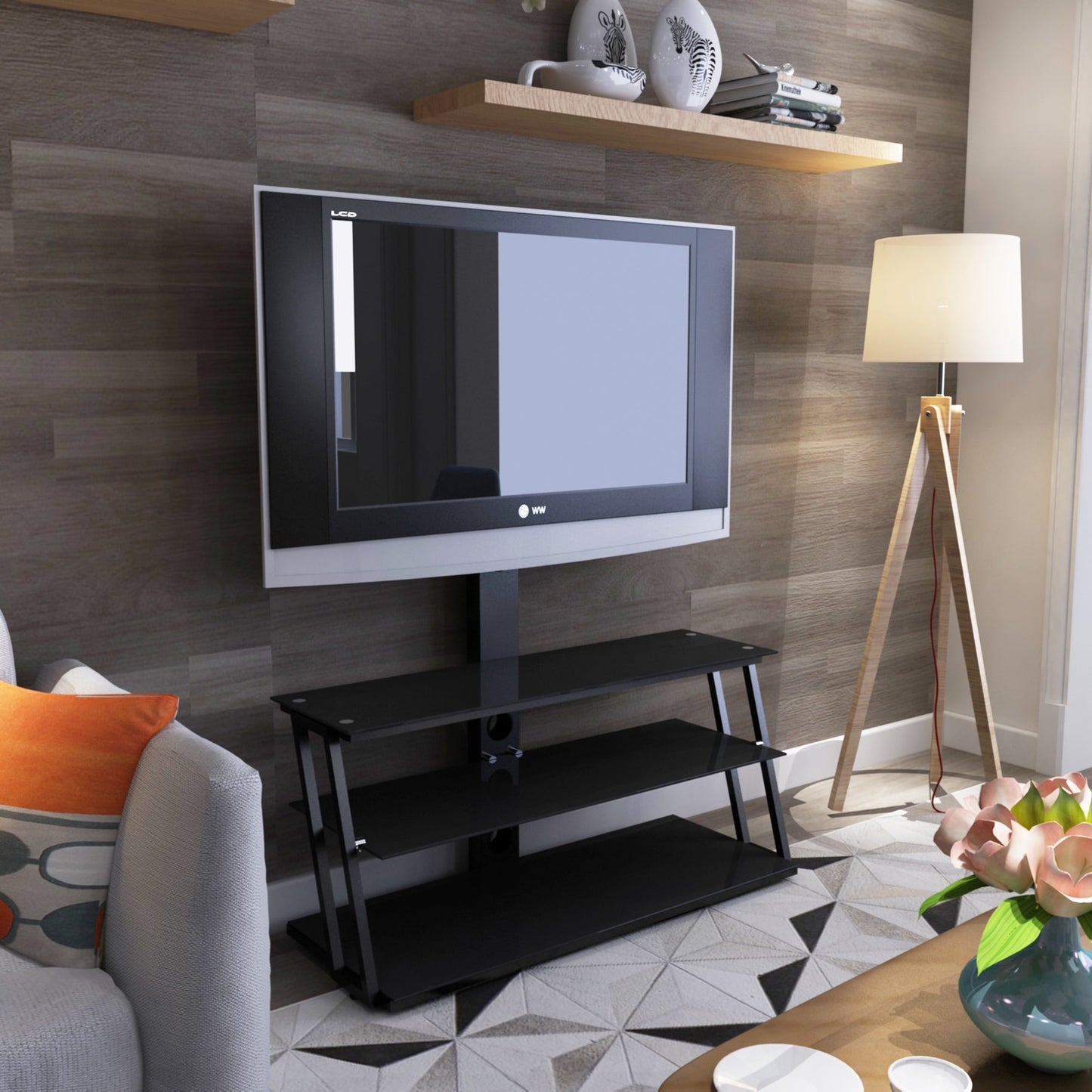 5-Tier Tempered Glass Side Table Stainless Steel Frame End Table for Living Room, Bedroom, Black