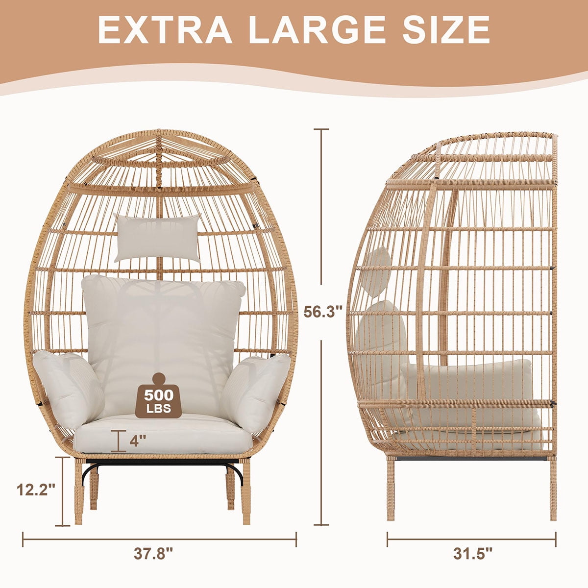 Danolapsi Wicker Egg Chair Outdoor, Oversized Egg-Shaped Chair with Metal Frame Stand, 500 Lbs Capacity Oversized Attan Egg Lounge Chairs for Patio, Backyard, Living Room