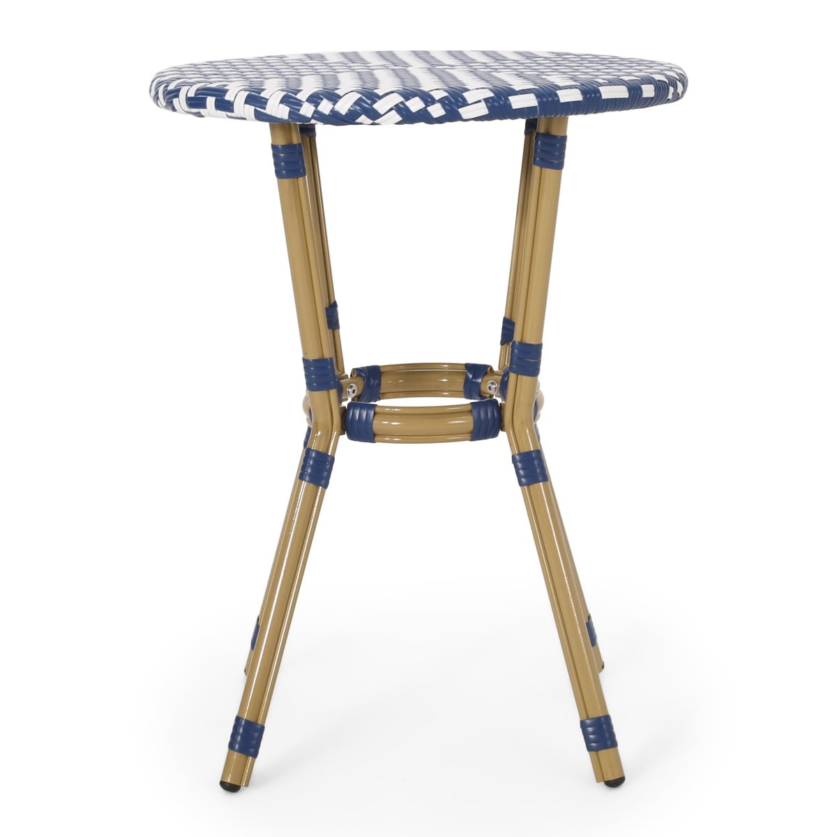 IVV 21.75” Round Bistro Dining Table with Aluminum Frame and Rattan Top in Blue/White, French Country Style for Indoor/Outdoor Use