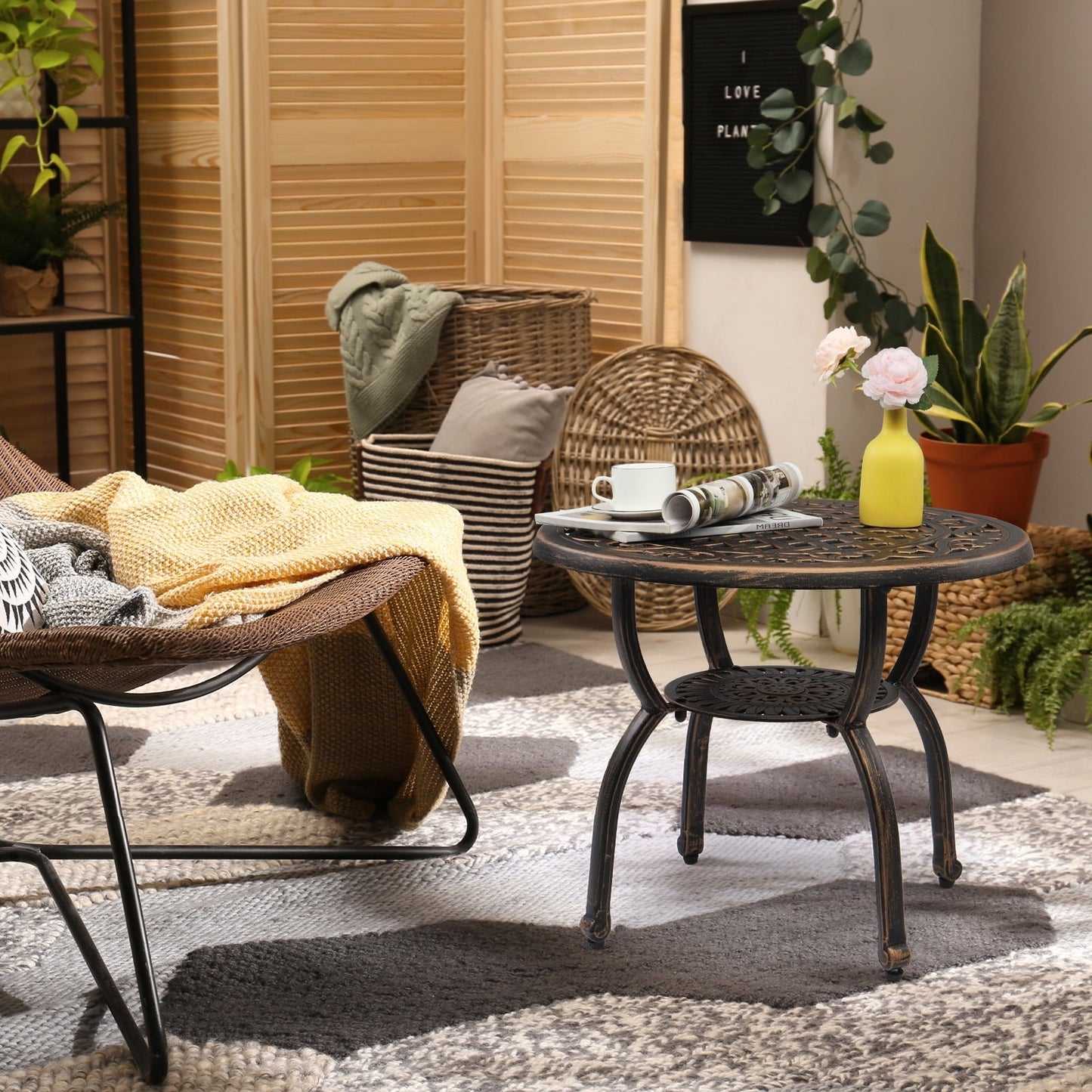 Cast Aluminum Outdoor Round Anti-Rust Side Table - Patio Bistro End Table for Indoor/Outdoor Garden Porch Balcony, Antique Bronze